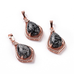 Snowflake Obsidian Natural Snowflake Obsidian Pendants, Teardrop Charms, with Rose Gold Tone Rack Plating Brass Findings, 32x19x10mm, Hole: 8x5mm