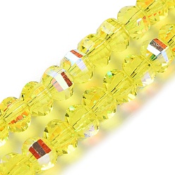 Yellow Transparent Electroplate Glass Beads Strands, AB Color Plated, Faceted, Rondelle, Yellow, 7.8x5.8~6.3mm, Hole: 1.5mm, about 80pcs/strand, 18.31''~19.88''(46.5~50.5cm)