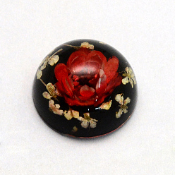FireBrick Resin Cabochons, Dome, Half Round, with Dried Flower inside, FireBrick, 13.5~14x7~8.5mm