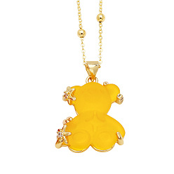 Gold Resin Pendant Necklaces, with Brass Micro Pave Cubic Zirconia Finding, Bear, Gold, 17.72 inch(45cm)