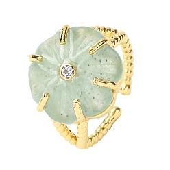 Зеленый Авантюрин Кольца-манжеты с цветочным натуральным зеленым авантюрином, с прозрачным кубическим цирконием и латунными кольцами, золотые, стойки покрытие, Цветок: 17x16.5 мм, внутренний диаметр: 17 мм