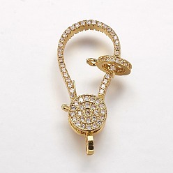 Golden Brass Micro Pave Cubic Zirconia Lobster Claw Clasps, Golden, 31x14x4.5mm, Hole: 2mm