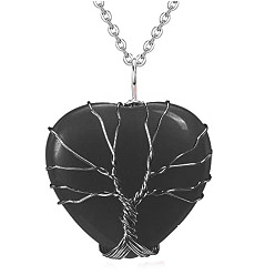 Obsidian Natural Obsidian Tree of Life Pendants, Heart Charms with Platinum Alloy Wire Wrapped Tree, 37x31mm