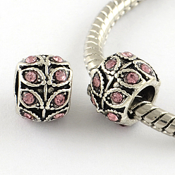Light Rose Antique Silver Plated Alloy Rhinestone Large Hole European Beads, Rondelle with Leaf, Light Rose, 9x7mm, Hole: 5mm