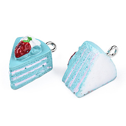 Pale Turquoise Opaque Resin Pendants, Cake Charm, with Platinum Plated Iron Loops, Imitation Food, Pale Turquoise, 19.5x13.5x13mm, Hole: 2mm