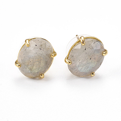 Labradorite Natural Labradorite Stud Earrings, with Golden Tone Brass Findings, Faceted Oval, 14~14.5x11mm, Pin: 0.8mm