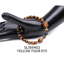 Tiger Eye Natural Tiger Eye Pyramid & Synthetic Blue Goldstone Beaded Stretch Bracelet, 7-1/8 inch(18cm)