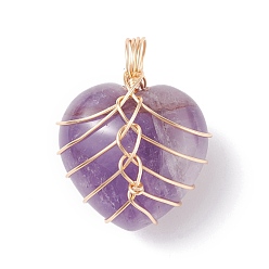 Amethyst Natural Amethyst Pendants, with Light Gold Tone Copper Wire Wrapped, Heart, 26x21x16mm, Hole: 6mm