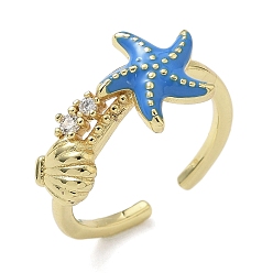 Синий Латунные микро проложить манжеты кольца кубического циркония, морская звезда и форма раковины, с эмалью, долговечный, стойки покрытие, без свинца и без кадмия, реальный 18 k позолоченный, синие, 10.5 мм