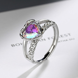 Platinum Plated Copper Heart-shaped Symphony Synthetic Zircon Personality Chain Ring Female Adjustable Ring Jewelry