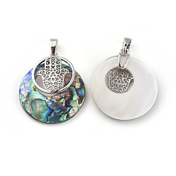 Paua Shell Natural Paua Shell Pendants, with Platinum Tone Brass Findings, Flat Round with Hamsa Hand/Hand of Fatima/Hand of Miriam, 32~32.5x28x7~7.5mm, Hole: 5x8mm