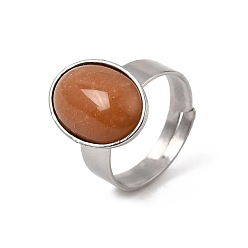 Red Aventurine Adjustable 304 Stainless Steel Finger Rings for Women, with Natural Red Aventurine, Oval, Stainless Steel Color, 17mm
