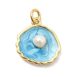 Небесно-голубой Латунь эмаль подвески, с бусинами из искусственного жемчуга ABS и кольцом для прыжков, шарм в форме ракушки, долговечный, без кадмия и без свинца, реальный 18 k позолоченный, голубой, 16x15x5 мм, отверстие : 3 мм