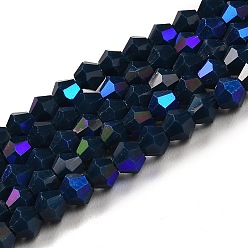 Prussian Blue Opaque Solid Color Imitation Jade Glass Beads Strands, AB Color Plated, Faceted, Bicone, Prussian Blue, 4x4mm, Hole: 0.8mm, about 87~98pcs/strand, 12.76~14.61 inch(32.4~37.1cm)