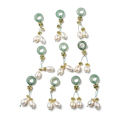 Real 14K Gold Plated Natural Green Aventurine Donut Pendants, Brass Flower Charms with Natural Freshwater Pearl Tassel, Real 14K Gold Plated, 44mm, Donut: 12x3.5mm, Hole: 6mm