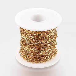 Golden Ion Plating(IP) Handmade 304 Stainless Steel Cable Chains, Unwelded, with Spool, Flat Oval, Golden, 6.8x4x0.8mm, about 32.8 Feet(10m)/roll