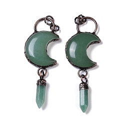 Green Aventurine Natural Green Aventurine Crescent Moon Big Pendants, Faceted Bullet Gems Charms with Red Copper Plated Brass Findings, 95x32x9mm, Hole: 6mm