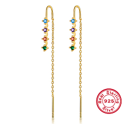 Real 18K Gold Plated 925 Sterling Silver Chains Ear Thread, Colorful Cubic Zirconia Stud Earrings, Real 18K Gold Plated, 60mm
