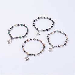 Mixed Stone Natural Gemstone Anklets, with 304 Stainless Steel Lobster Claw Clasps and Tibetan Style Pendants, Lotus, 8-7/8 inch(225mm)