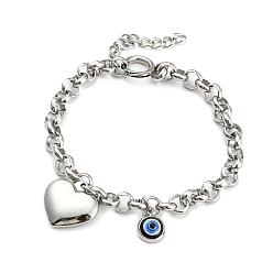 Stainless Steel Color Resin Evil Eye & Heart Charm Bracelet, with 304 Stainless Steel Rolo Chains for Girl Women, Stainless Steel Color, 7-1/8 inch(18.2cm)