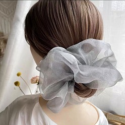Pearl Glitter Extra Large Hair Scrunchie - Grey Chic Oversized Organza Hair Scrunchie for Girls, Sweet and Elegant French Style Headband with Fairy Mesh Bow Tie