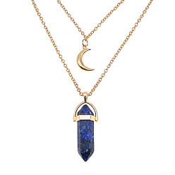 Lapis Lazuli Natural Lapis Lazuli Cone Pendant Double Layer Necklace, with Moon Charms, 19.69 inch(50cm)
