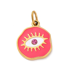 Камелия 304 нержавеющей стальной эмали подвески, с соединительным кольцом и стразами, ионное покрытие (ip), плоский круглый с шармом в виде глаз, реальный 14 k позолоченный, камелия, 19.5x16x3 мм, отверстие : 3.7x5 мм