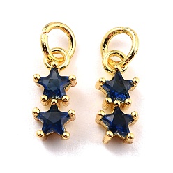 Темно-Синий Латунь прелести циркония кубической, реальный 18 k позолоченный, без кадмия и без свинца, двойная звезда, темно-синий, 12x5x3 мм, отверстие : 3.8 мм