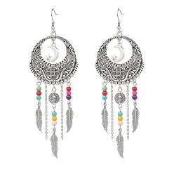 Colorful Alloy Moon Web with Feather Chandelier Earrings, Saint Benedict Medal
 & Synthetic Turquoise Beaded Long Drop Earrings for Women, Colorful, 125mm, Pin: 0.7mm