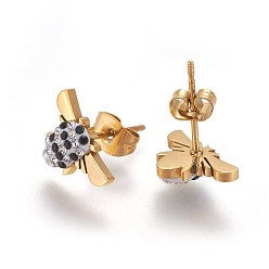 Golden 304 Stainless Steel Stud Earrings, with Enamel and Rhinestone, Bees, Golden, 8x12.5x3mm, Pin: 0.7mm
