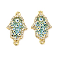 Sky Blue Brass Micro Pave Clear Cubic Zirconia Connector Charms, Hamsa Hand & Evil Eye Links, with Enamel, Golden, Sky Blue, 21.5x13x2.5mm, Hole: 1.5mm