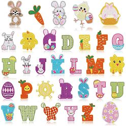 Mixed Color 32Pcs Easter Rabbit Chick Egg Letter A~Z Appliques, Embroidery Cloth Patches, Stick On Patch, Costume Accessories, Mixed Color, 30~70x35~83mm