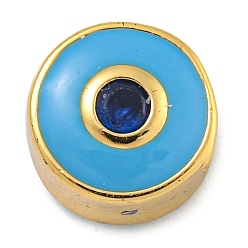 Темно-Голубой Стойки обшивки латунь микро проложить кубического циркония бусы, с эмалью, без кадмия и без свинца, долговечный, реальный 18 k позолоченный, плоские круглые с сглаза, глубокое синее небо, 7.5x6 мм, отверстие : 1.8 мм