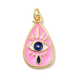 Pink Латунные эмалевые подвески от сглаза, слезинки, без свинца и без кадмия, долговечный, стойки покрытие, реальный 18 k позолоченный, розовые, 22x12.5x2 мм, отверстие : 3.4 мм