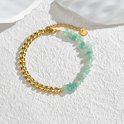 Green Aventurine Natural Green Aventurine Chips Beaded Bracelet, with Golden Stainless Steel Curb Chains, 6-1/4 inch(16cm)