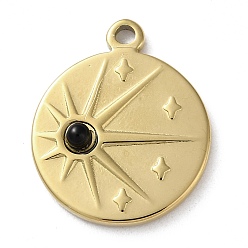 Black Onyx Вакуумное покрытие pvd 316 подвески из нержавеющей стали, с натуральным черным ониксом(крашенный и с подогревом), плоско-круглые, реальный 18 k позолоченный, 21.5x17.5x3.5 мм, отверстие : 1.8 мм