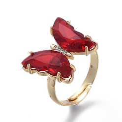 Red Adjustable Brass Glass Finger Rings, with Clear Cubic Zirconia, Butterfly, Golden, Red, Size 7, Inner Diameter: 17mm