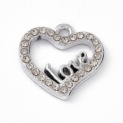 Crystal Alloy Rhinestone Pendants, Heart with Word Love Charm, Platinum, Crystal, 14.5x14.5x2.5mm, Hole: 1.6mm