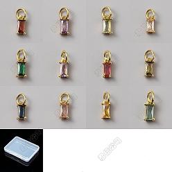 Couleur Mélangete 12 pièces 12 pendentifs en laiton et zircon cubique de couleur anniversaire, charme rectangle, or, couleur mixte, 9x4x4mm, anneau de saut: 5.5x1 mm, 3.5 mm de diamètre intérieur , 1 pc/couleur