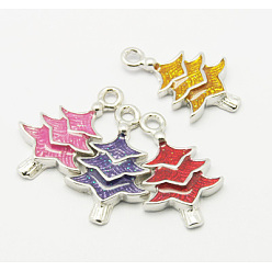 Mixed Color Brass Enamel Pendants, Lead Free and Nickel Free, Christmas Tree, Platinum Color, Mixed Color, 23.5x15x3mm