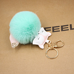 Peppermint green Fox Plush Leather Keychain with Fox Head Toy and Pom-Pom Backpack Pendant