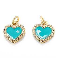 Medium Turquoise Brass Micro Pave Clear Cubic Zirconia Pendants, with Enamel, Real 18K Gold Plated, Long-Lasting Plated, Heart, Medium Turquoise, 12x11x2mm, Hole: 3.2mm