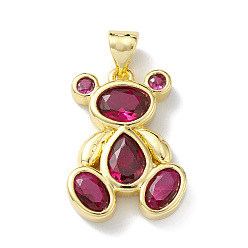 Medium Violet Red Rack Plating Brass Micro Pave Cubic Zirconia Pendants, Lead Free & Cadmium Free, Bear Charm, Real 18K Gold Plated, Medium Violet Red, 20x14.5x3mm, Hole: 4x3mm
