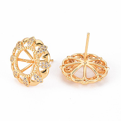 Real 18K Gold Plated Brass Micro Pave Clear Cubic Zirconia Stud Earrings Findings, for Half Drilled Bead, Nickel Free, Flower, Real 18K Gold Plated, 17mm, Pin: 0.8mm, Pin: 0.8mm(for Half Drilled Bead)