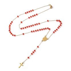 Red Glass Rosary Bead Necklaces, Vacuum Plating Golden 304 Stainless Steel Cross Pendant Necklace, Red, 18.11~18.94 inch(46~48.1cm)