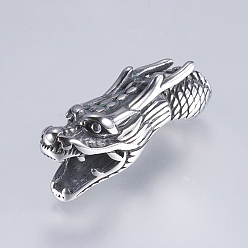 Antique Silver 304 Stainless Steel Slide Charms, Dragon, Antique Silver, 38x11x14mm, Hole: 6~7x7mm