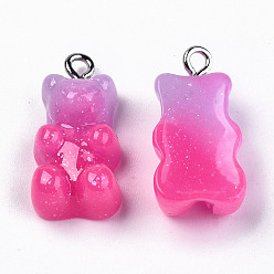 Deep Pink Opaque Resin Pendants, with Platinum Plated Iron Loop and Glitter Powder, Imitation Jelly, Two Tone, Bear, Deep Pink, 21~22x11x7~8mm, Hole: 2mm