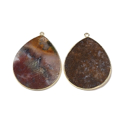 Indian Agate Natural Indian Agate Pendants, with Brass Findings, Teardrop, Golden, Undyed, 41~41.5x32x2mm, Hole: 1.5mm
