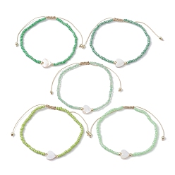 Lime Green 5Pcs 5 Colors Natural Shell Heart & Seed Braided Bead Bracelets Set, Adjustable Synthetic Hematite Stackable Bracelets, Lime Green, Inner Diameter: 2-1/4~3-3/8 inch(5.6~8.7cm), 1Pc/color