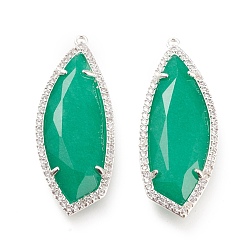 Зеленый Природного нефрита подвески, с латунным микропаве, прозрачные кубические фианиты, граненые, геометрический, окрашенные, платина, зелёные, 38x15x4.3 мм, отверстие : 1.2 мм